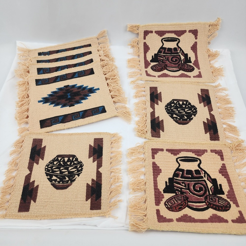 Lot 8 Southwestern Woven Cotton Drink Coasters El Paso Saddle Blanket Co pottery